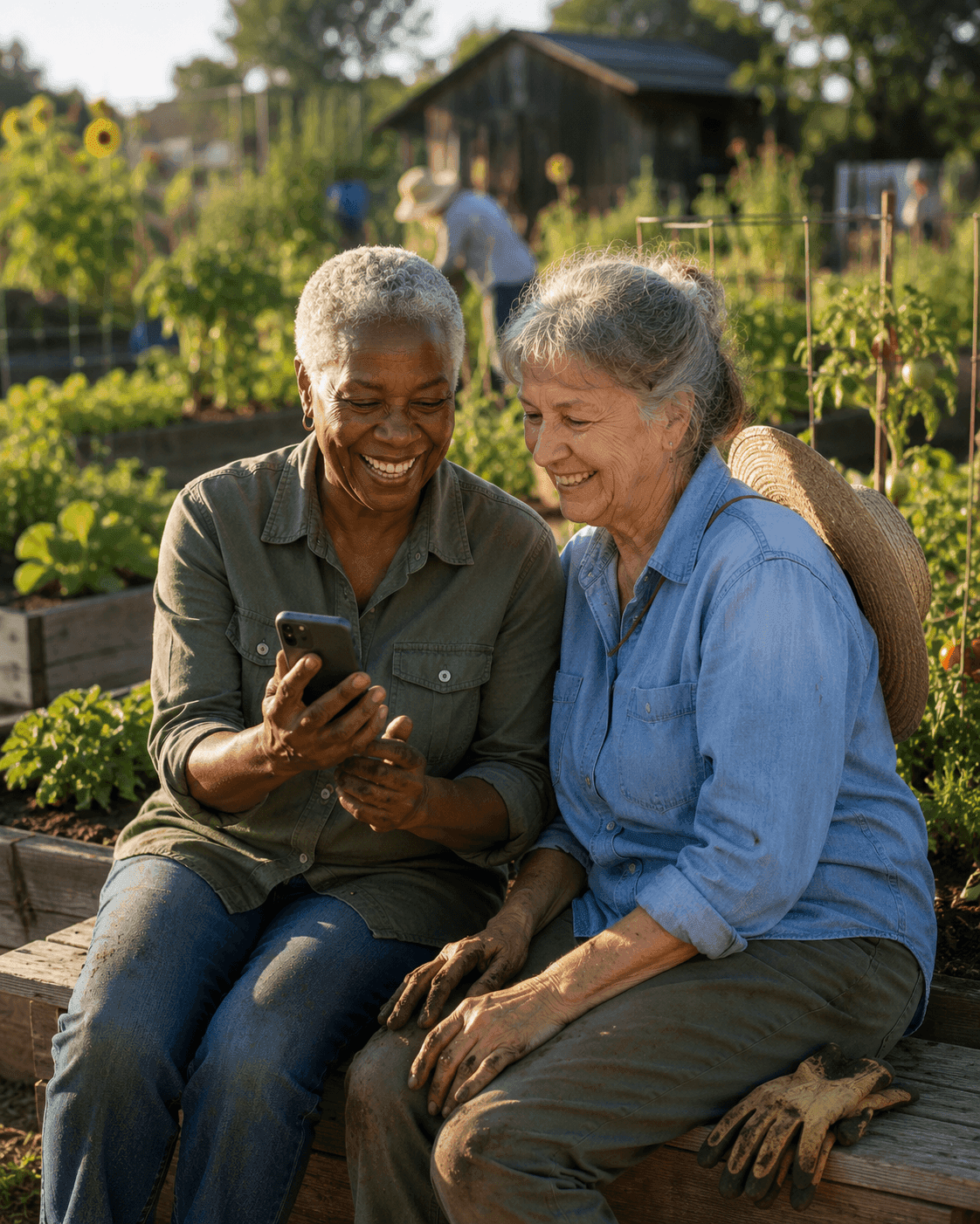 Two friends sharing a moment in a community garden
