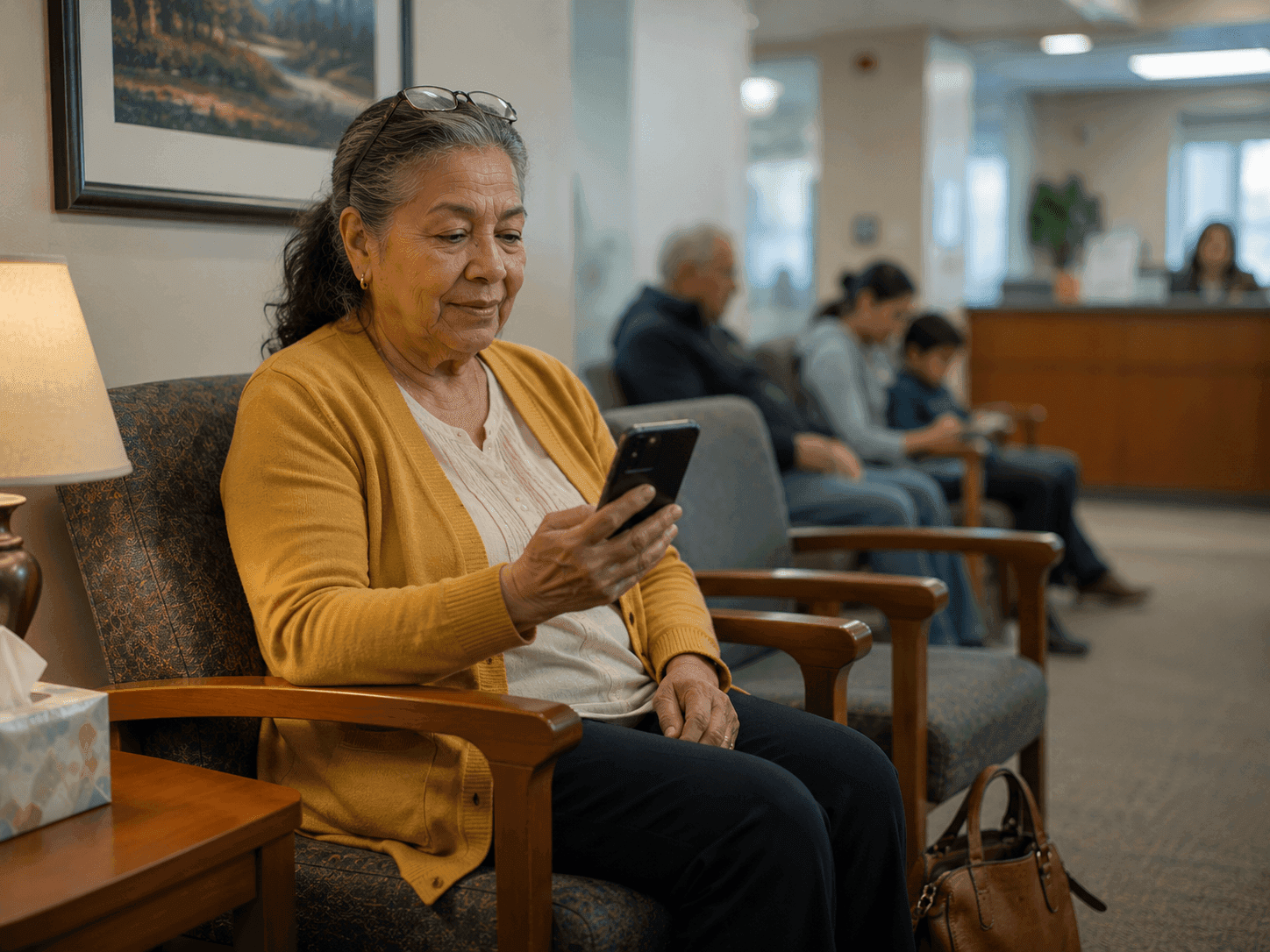 Older woman using her health portal in a doctor's office waiting room
