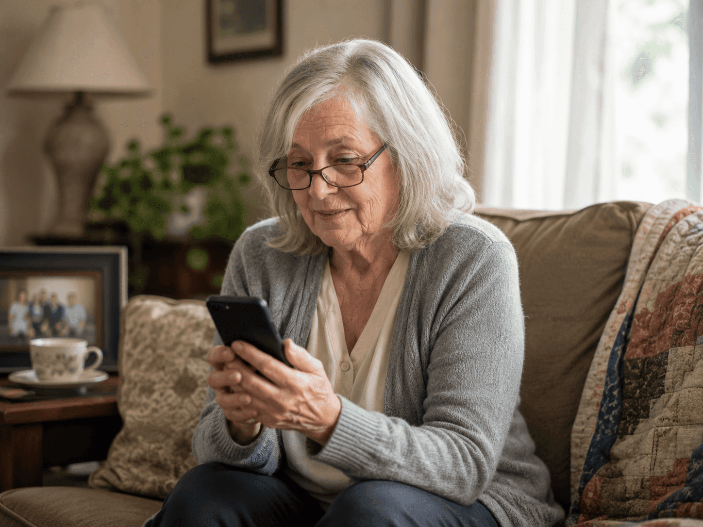 Older woman texting the GOLD support line from her living room