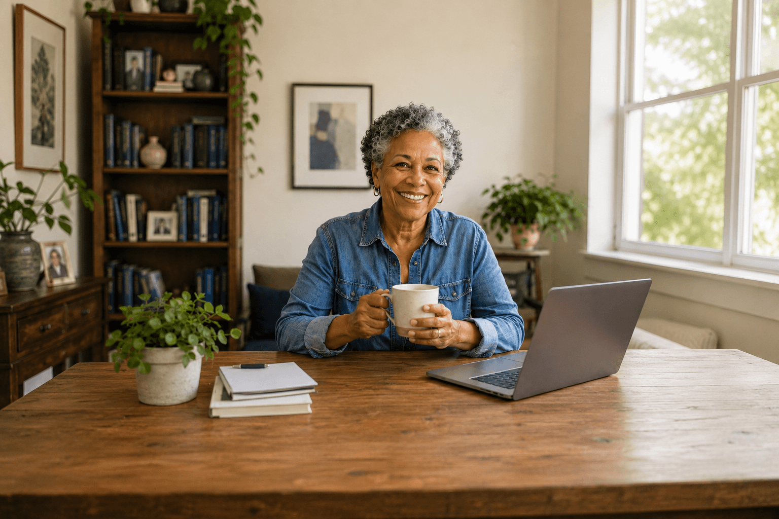 A GOLD member smiling confidently at her home workspace